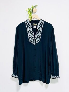 Bob Mackie Wearable Art 100% Silk Boho Embroidered Black Blouse